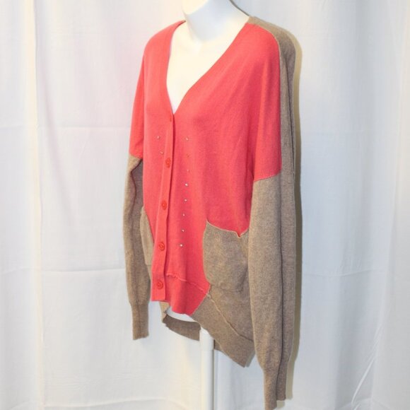 Garnet Hill Women’s Colorblock Cashmere Cardigan Size Medium Coral Pink and tan - Picture 6 of 16